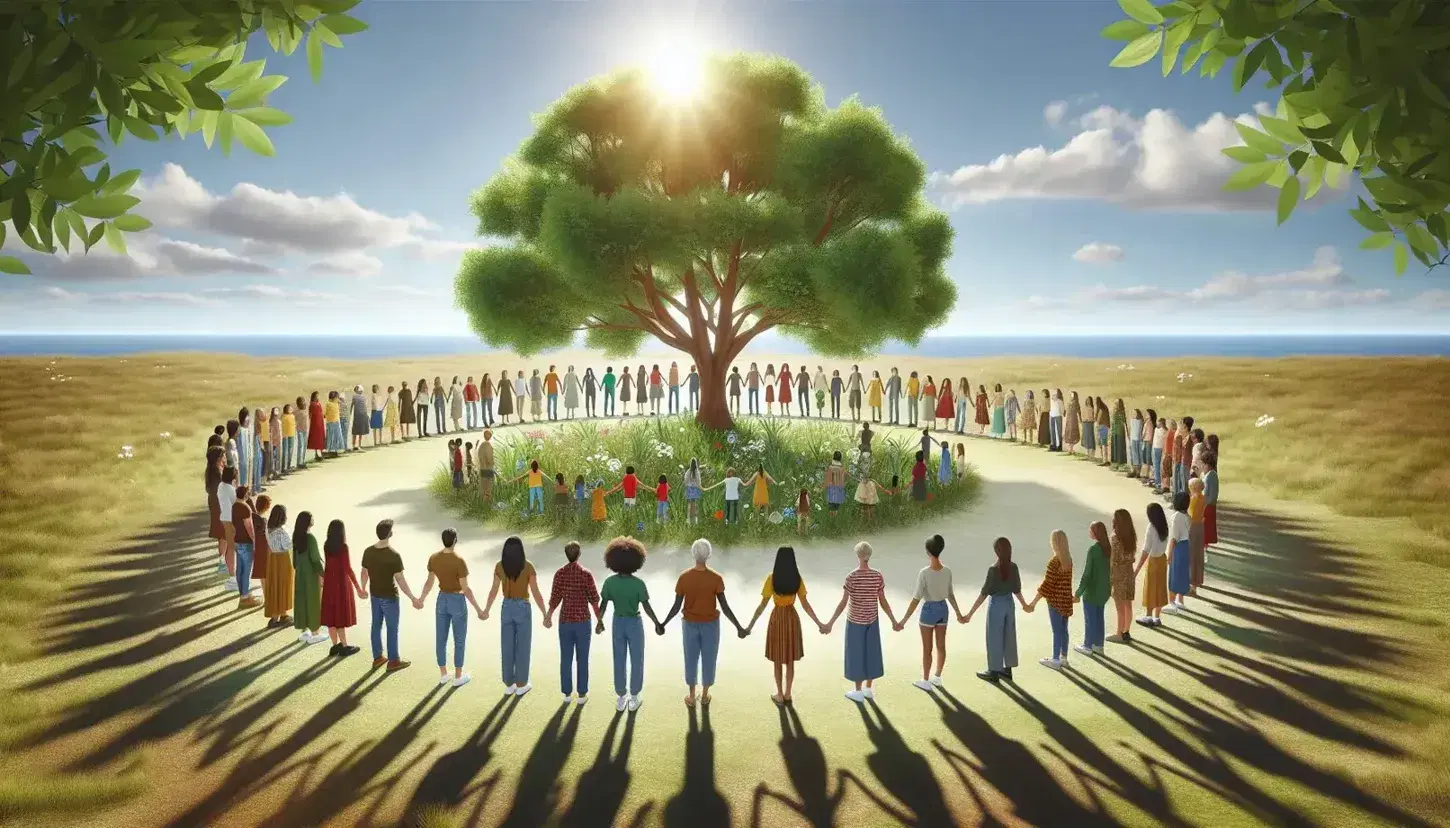 Grupo diverso de personas unidas de la mano alrededor de un árbol frondoso bajo la luz del sol en un día despejado, simbolizando unidad y conexión con la naturaleza.