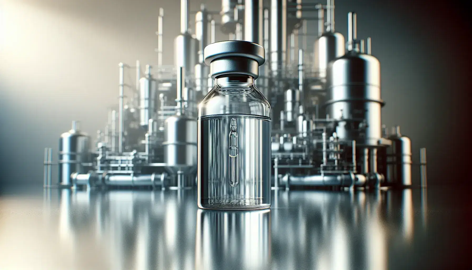 Transparent glass vial with colorless liquid on reflective metal surface, with blurred industrial plant background.