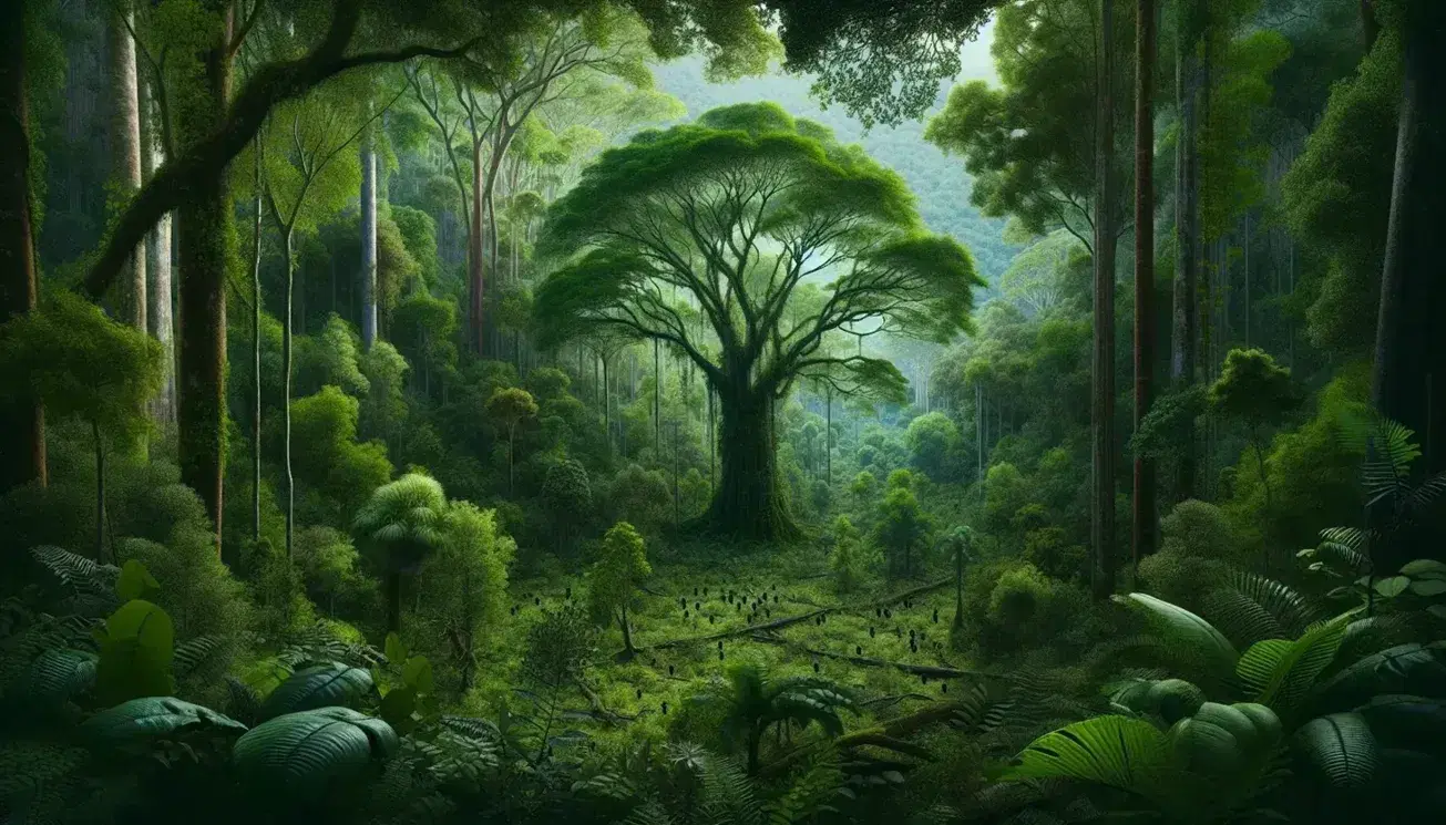 Foresta rigogliosa con albero maestoso al centro, foglie verdi, formiche nere in fila e corso d'acqua in lontananza.