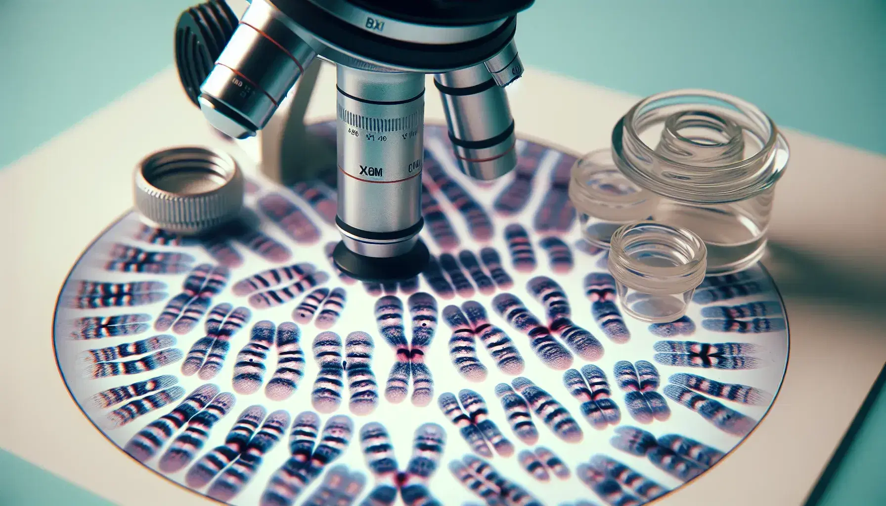 Close-up karyotype displaying stained human chromosomes arranged in pairs against a white background, with a microscope and sample containers to the side.