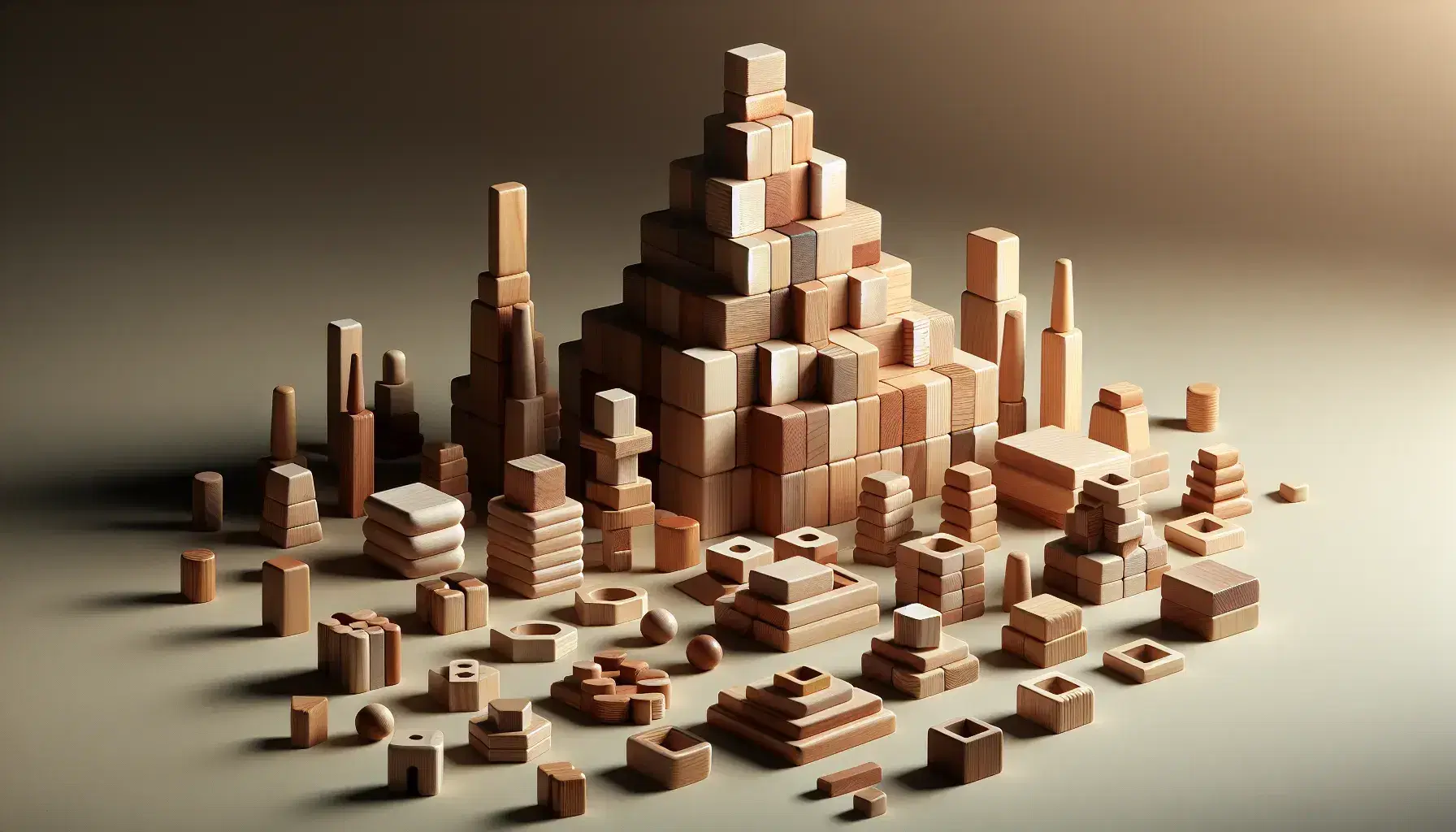 Bloques de madera de distintas formas y tamaños apilados en una estructura tipo torre sobre superficie lisa, con sombras suaves y bloques dispersos al lado.