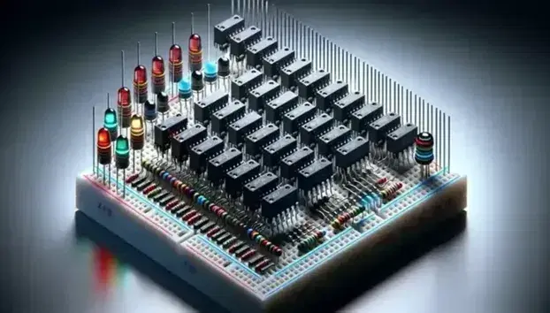 Circuiti logici su breadboard con LED rossi e verdi, resistenze colorate e fili, indicando connessioni di alimentazione e terra.
