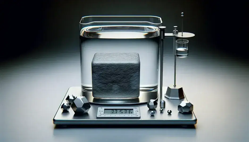 Balanza de precisión de laboratorio equilibrando un bloque cúbico metálico con pesas calibradas y un recipiente con líquido y objeto sumergido en el fondo.