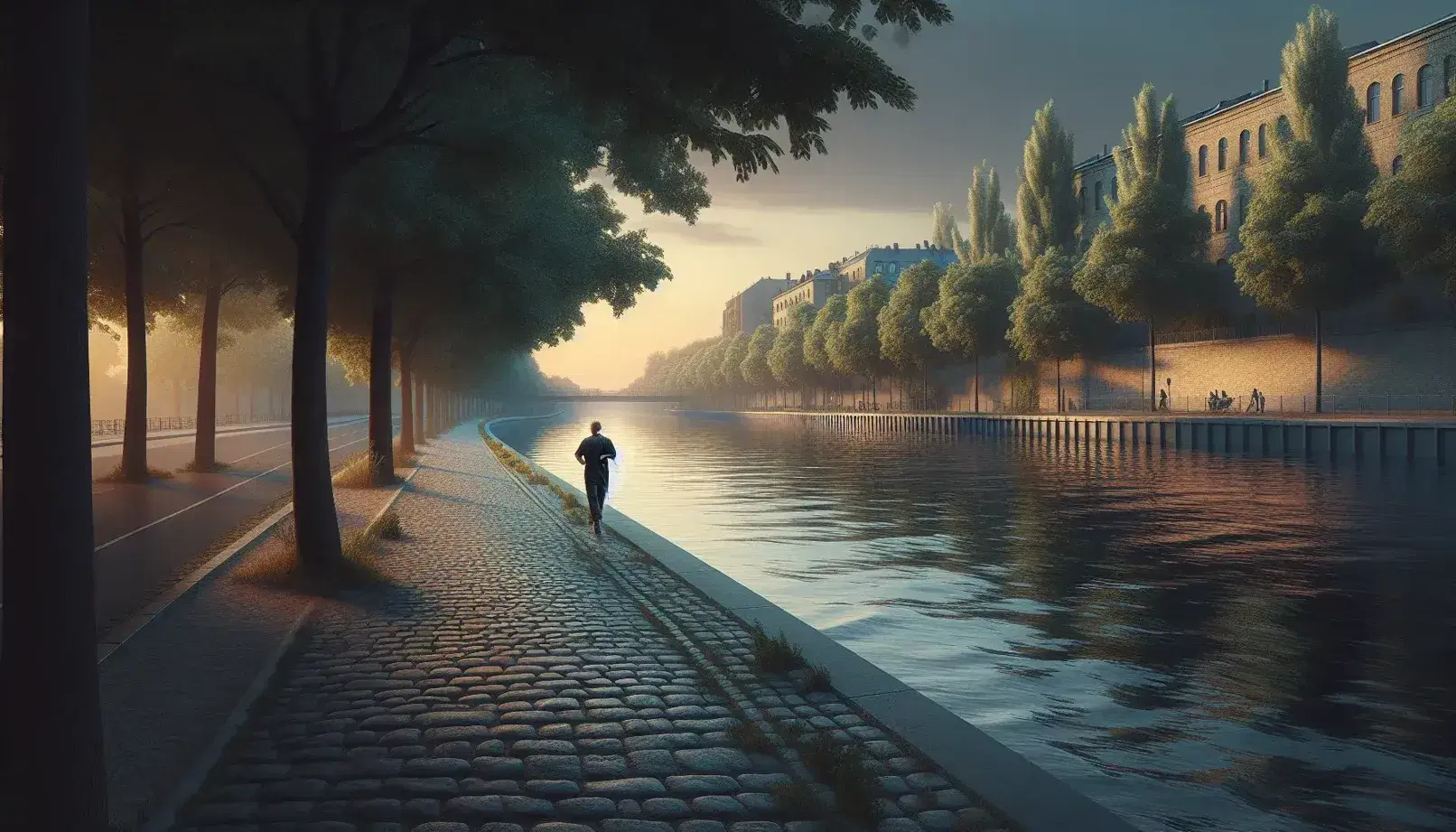 Serene riverside evening scene with a solitary figure walking on a cobblestone path, reflecting street lamps, and a gradient twilight sky.