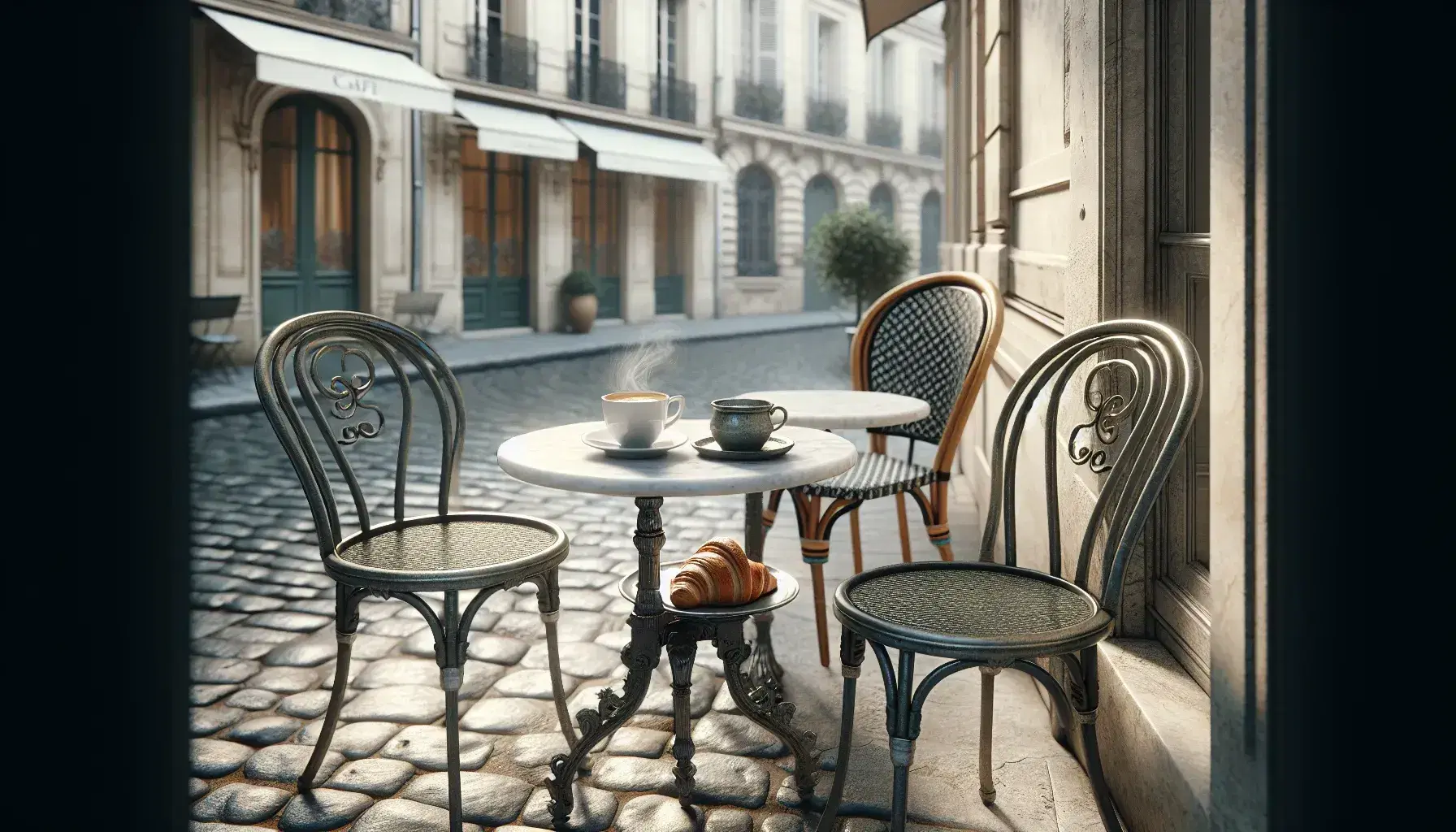 Traditional French café setting with a marble-topped bistro table, a coffee cup, a flaky croissant, and iron chairs on a cobblestone street.