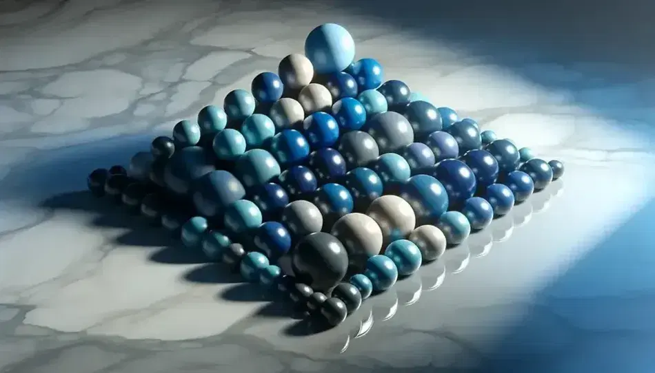 Piramide tridimensionale di sfere colorate in gradazione dal blu scuro alla base fino al celeste in cima, riflettenti su superficie marmorea.