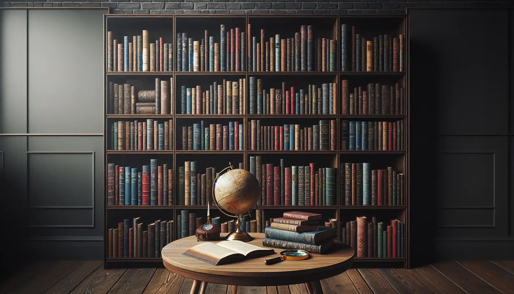 Estantería de madera oscura repleta de libros variados con mesa y globo terráqueo antiguo, lupa sobre libro abierto y luz natural.
