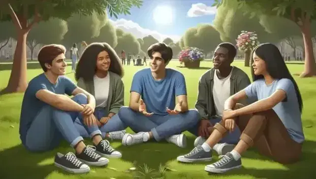 Grupo diverso de cinco jóvenes sentados en círculo en un parque, conversando y sonriendo en un día soleado, rodeados de árboles y flores coloridas.