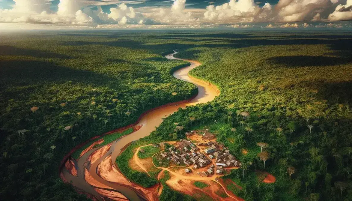 Vista aerea della foresta amazzonica con fiume tortuoso, insediamento umano e area di deforestazione.