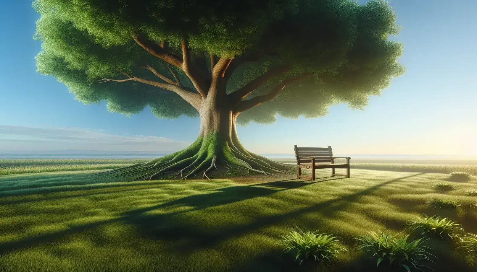 Lush tree with thick trunk and green foliage in a meadow, empty wooden bench below, blue sky with thin clouds, peaceful environment.