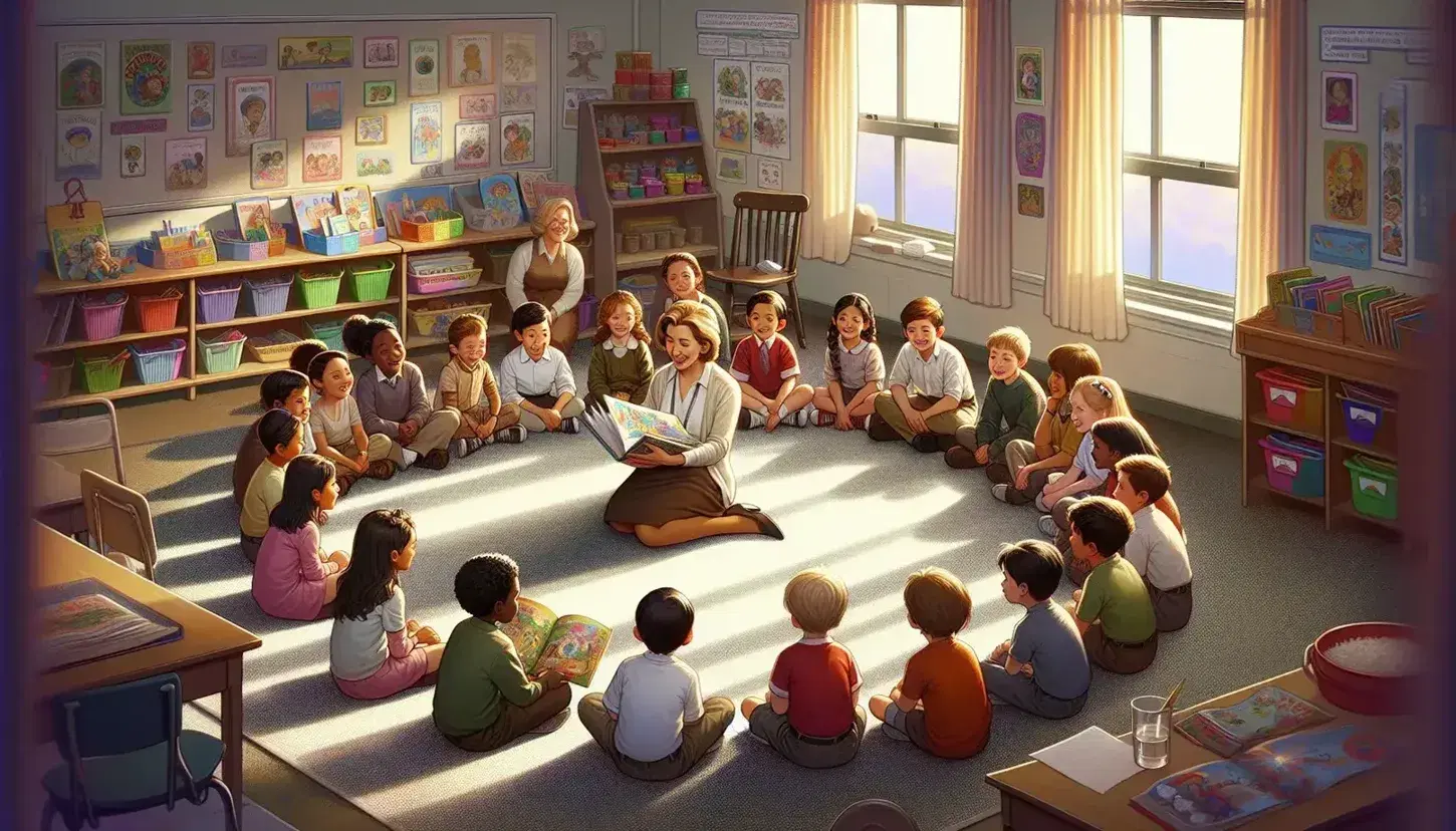 Grupo diverso de niños atentos a una maestra leyendo un libro ilustrado en un aula luminosa con estantes de juguetes y libros.