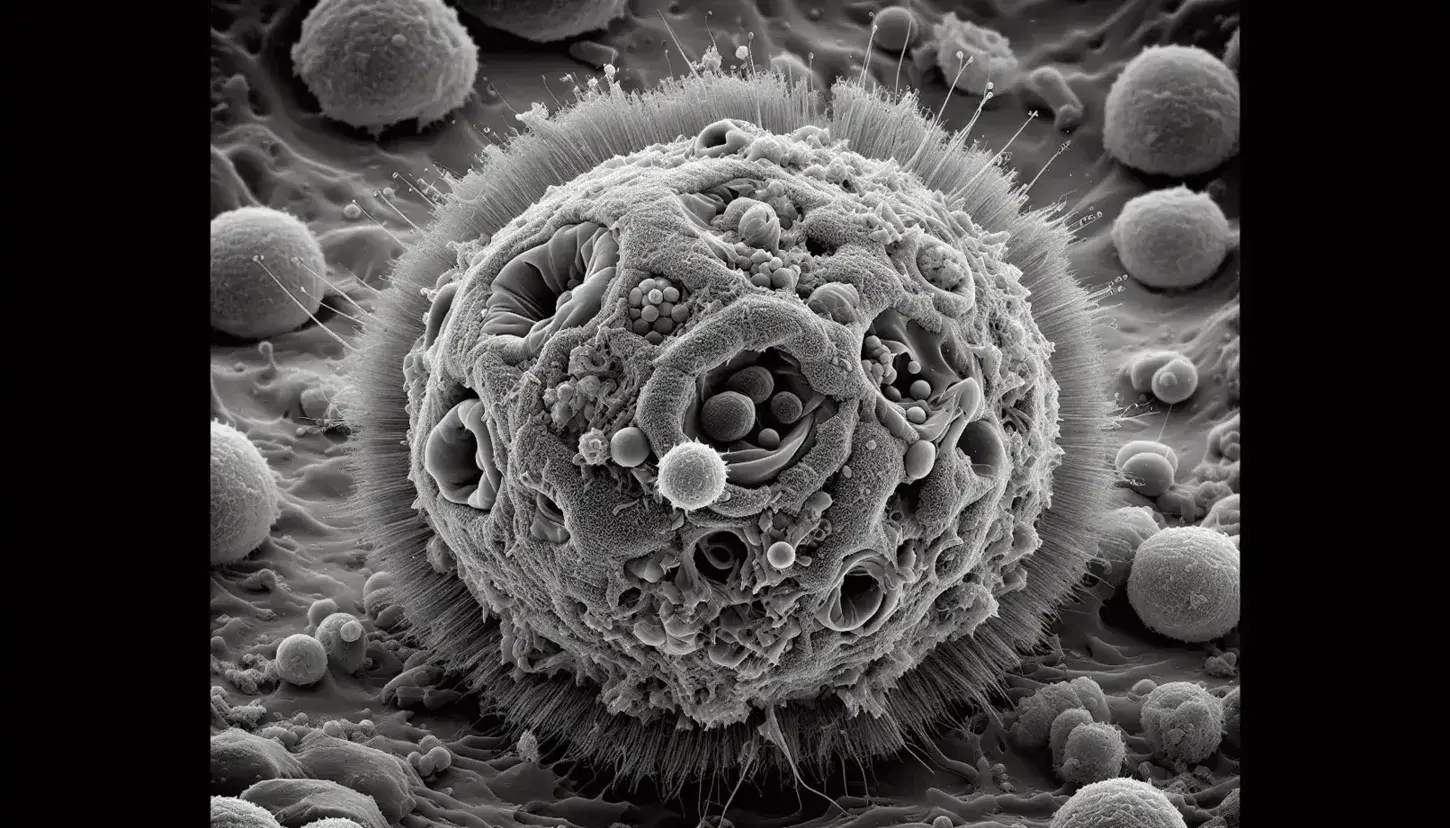 Vista microscópica de células con una grande central de superficie irregular y extensiones filamentosas rodeando células esféricas menores con puntos oscuros internos.