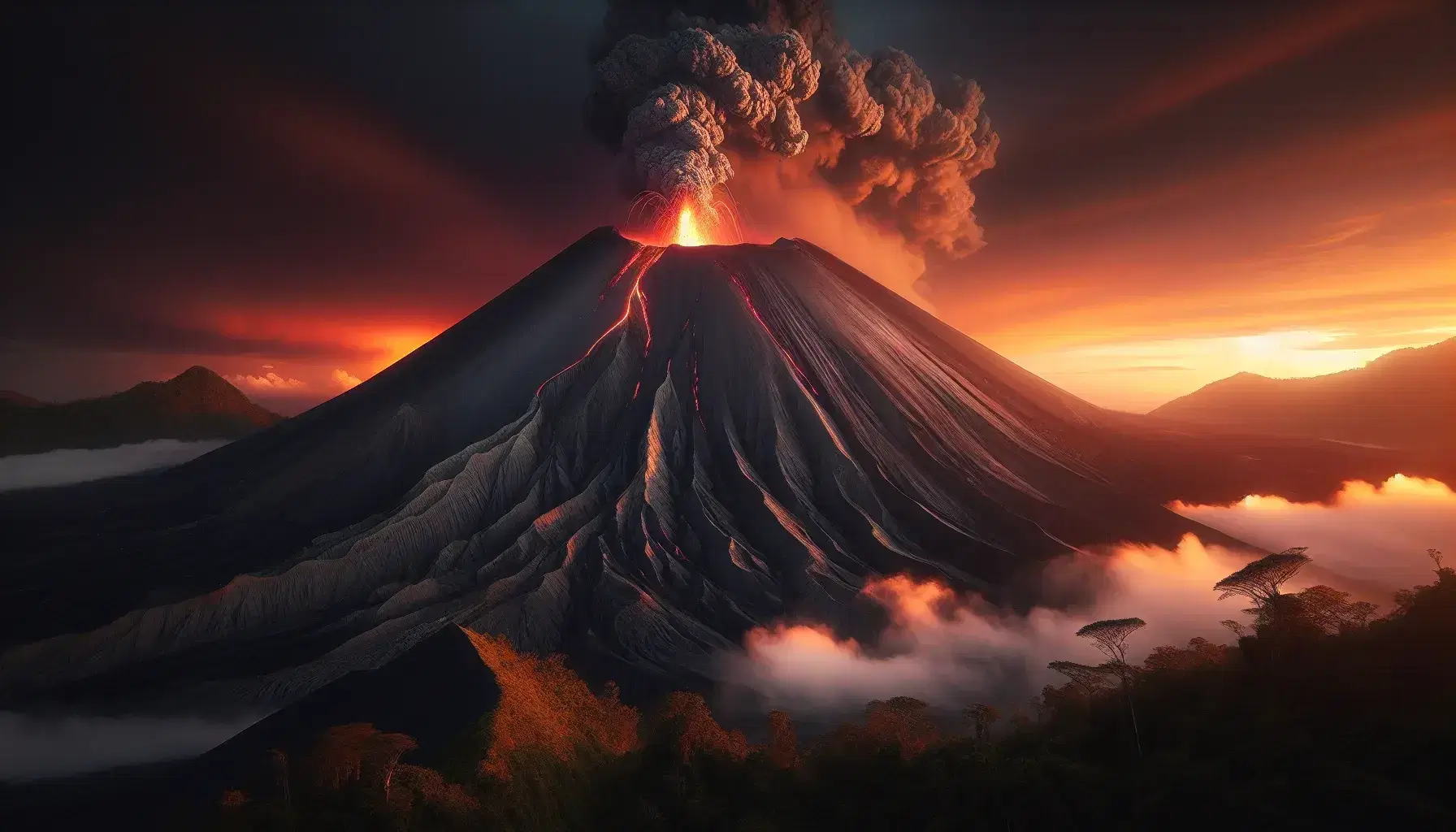 Eruzione vulcanica al tramonto con cielo arancione, colonna di fumo e cenere, e pendii scuri segnati da lava solidificata.