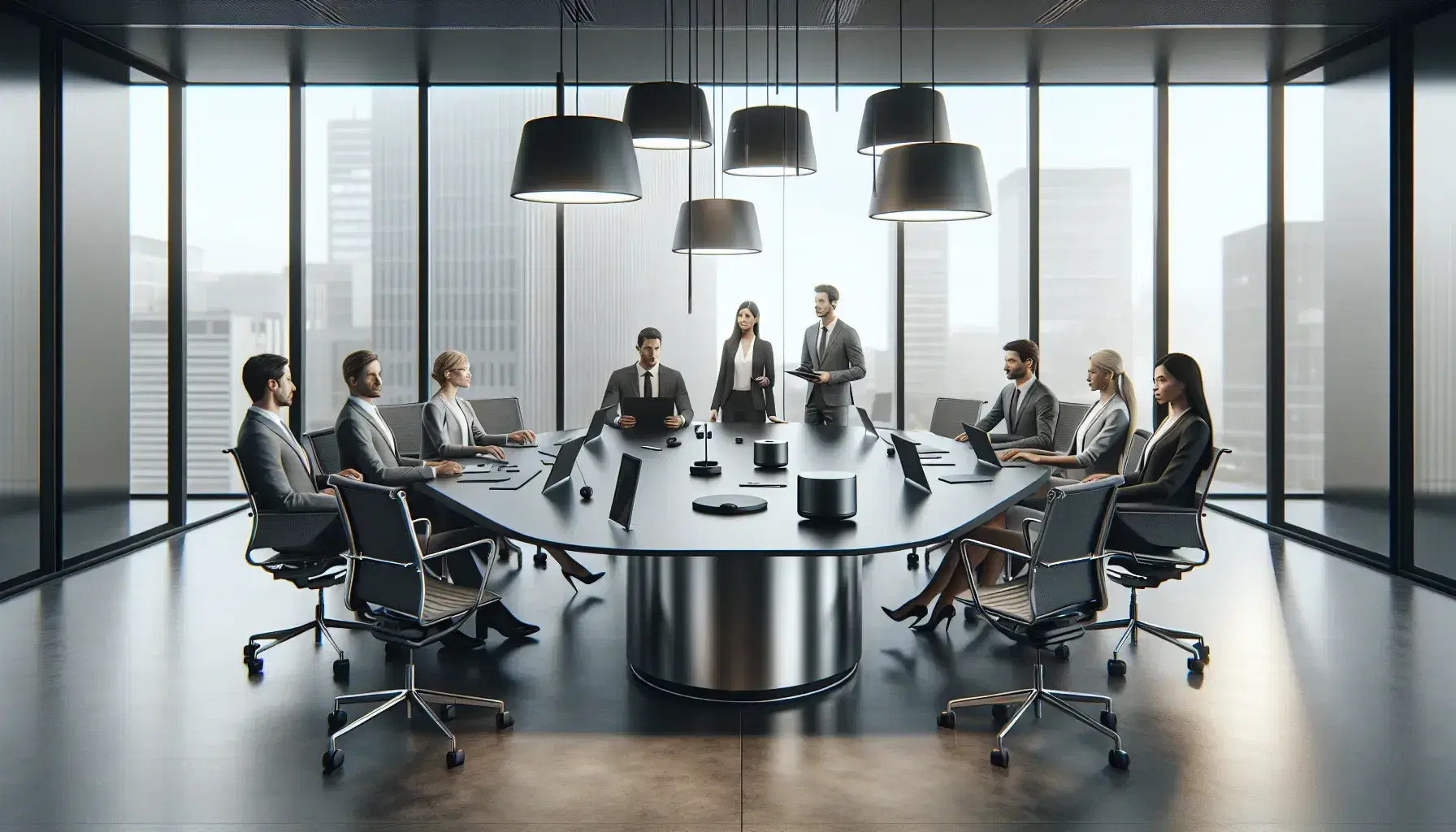 Diverse team of professionals in a modern office with ergonomic chairs and high-tech devices on a glossy black table, under soft lighting, with city views.