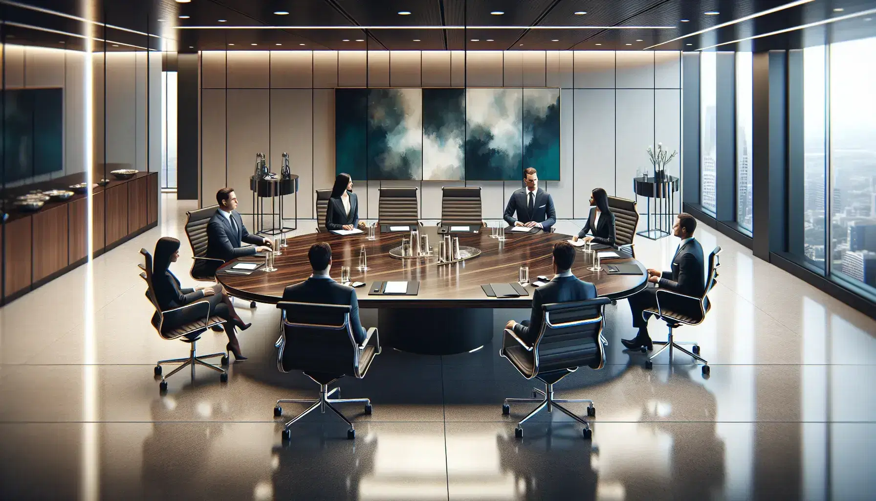Modern corporate boardroom with a large wooden table, black chairs, and a diverse team in discussion, abstract art on walls, city skyline in background.