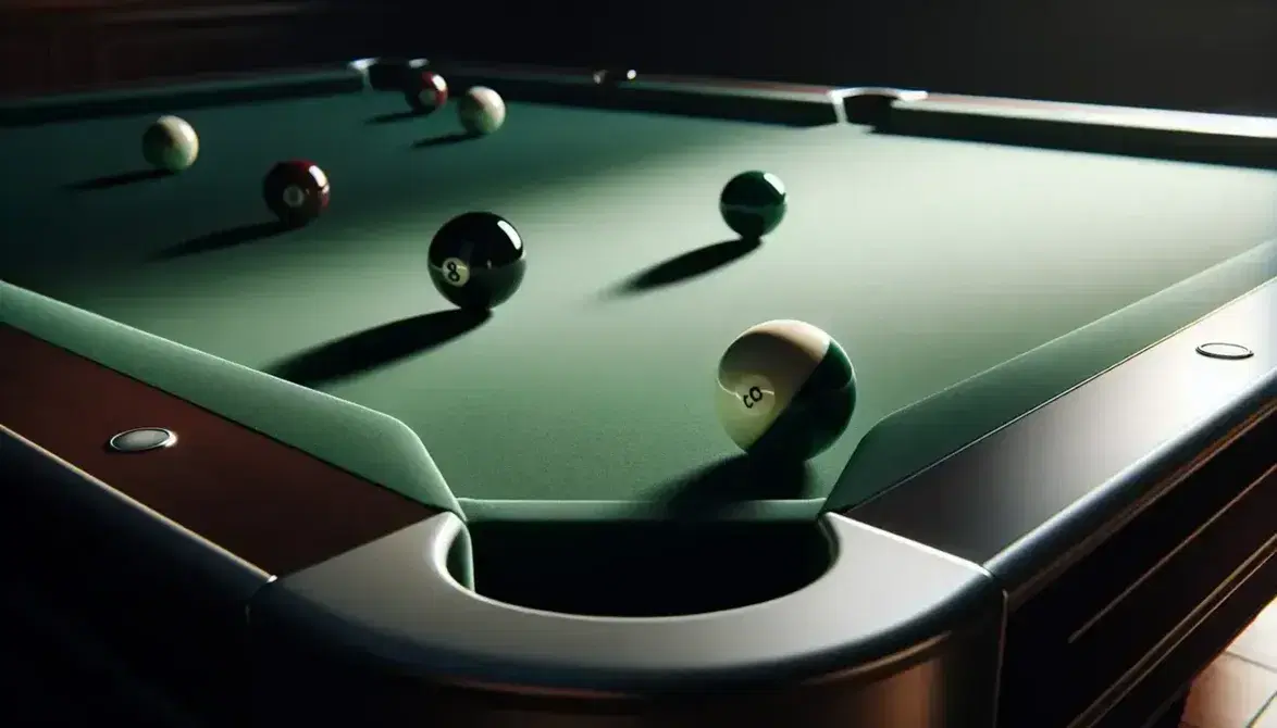 Mesa de billar verde oscuro con bolas de pool en contacto, una blanca y otra negra en movimiento, iluminadas suavemente y con bolsillos visibles.