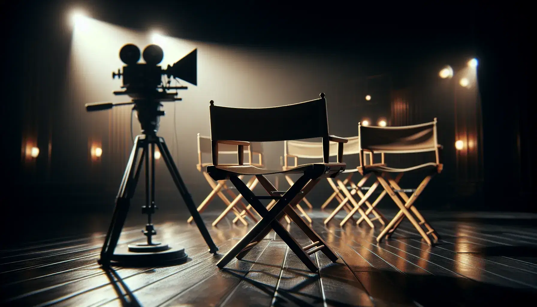 Sillas de director de cine clásicas en línea con acabado en madera negra y asientos de lona beige, destacando una al frente, y cámara de filmación antigua desenfocada al fondo.