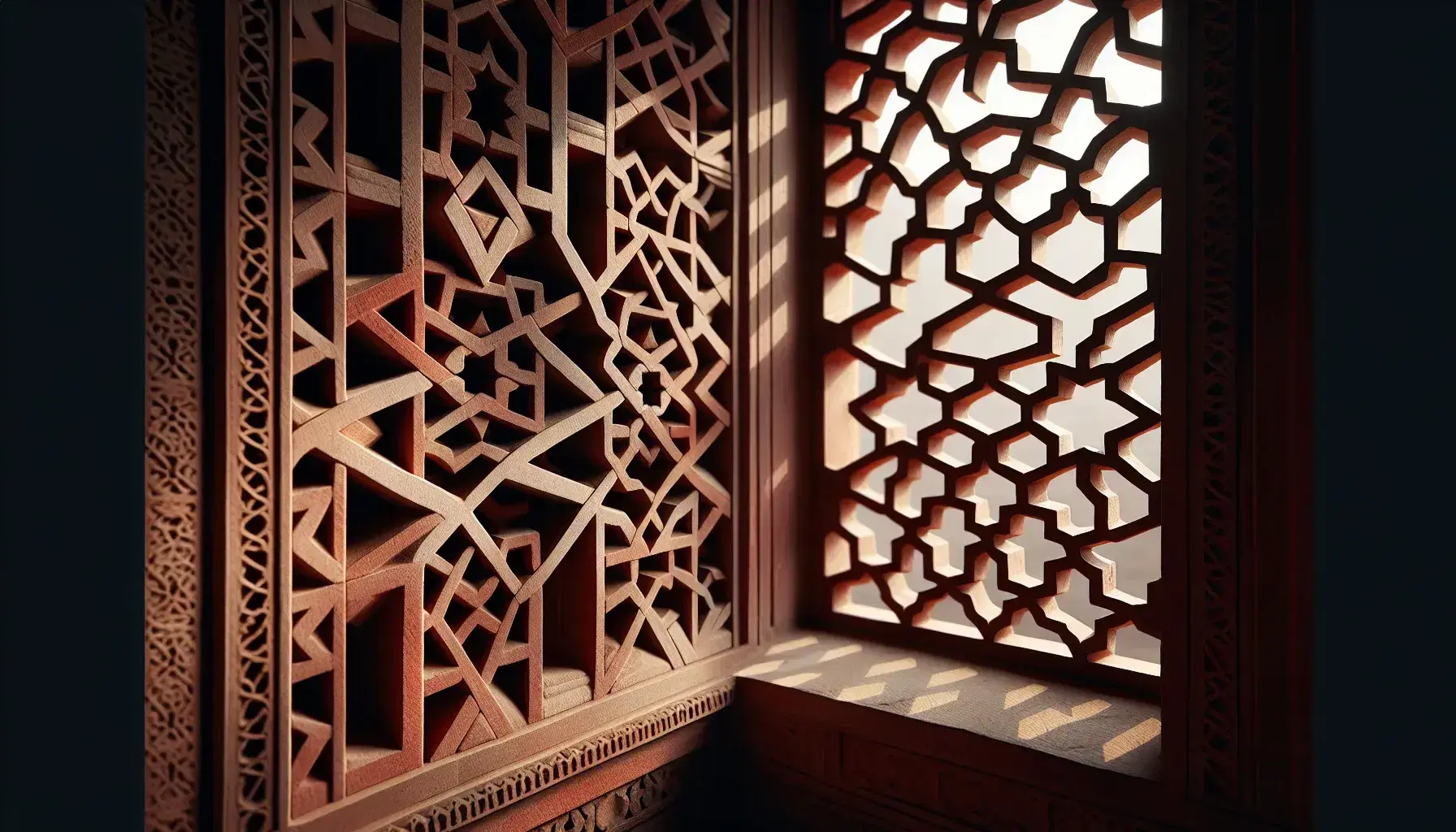 Intricate Mughal jali work in red sandstone with geometric patterns casting soft shadows on a cream wall, surrounded by lush greenery.