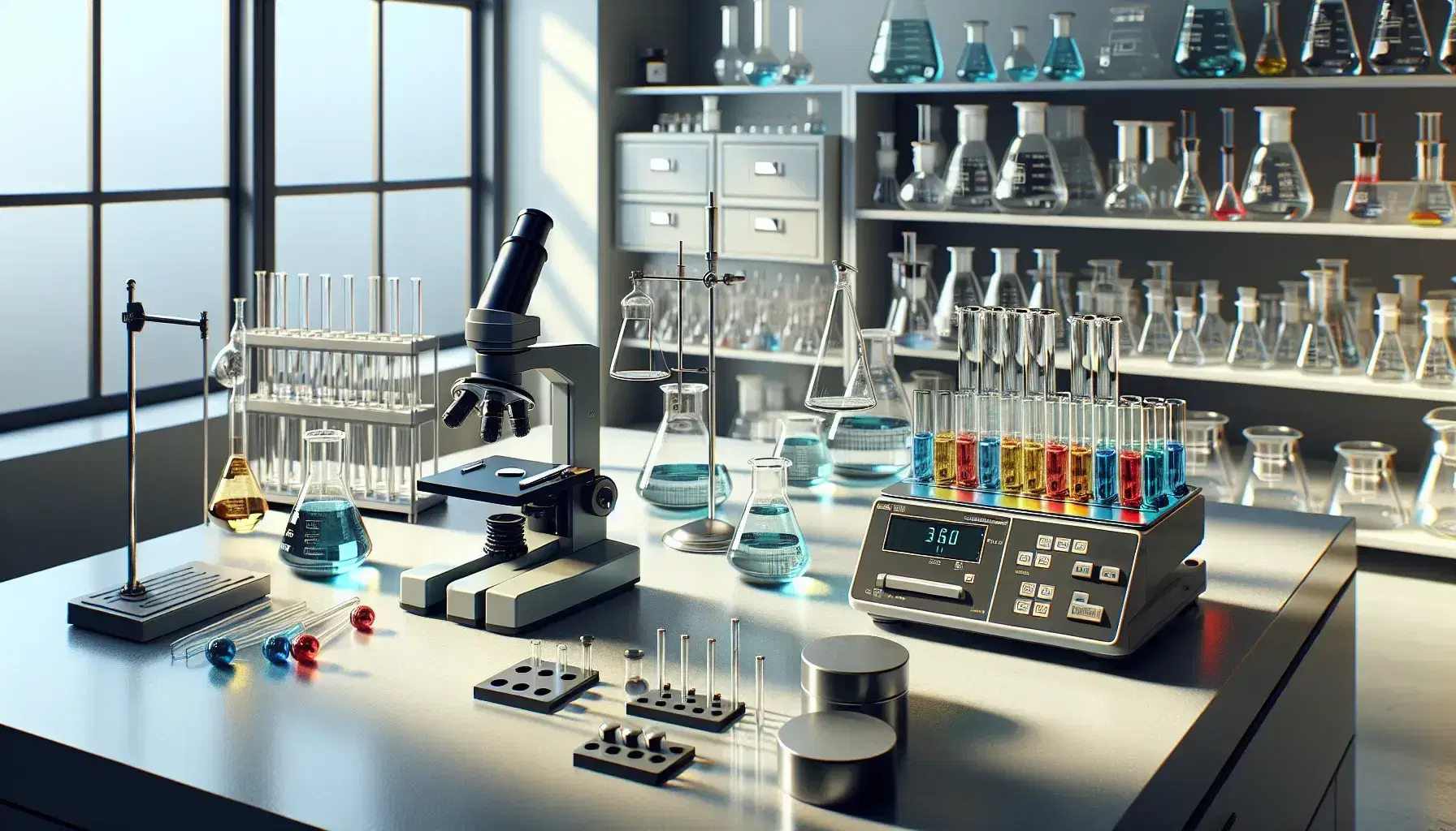 Laboratorio scientifico con microscopio, provette colorate, bilancia analitica digitale e pesi calibrati su tavolo centrale, flaconi su scaffali in luce naturale.