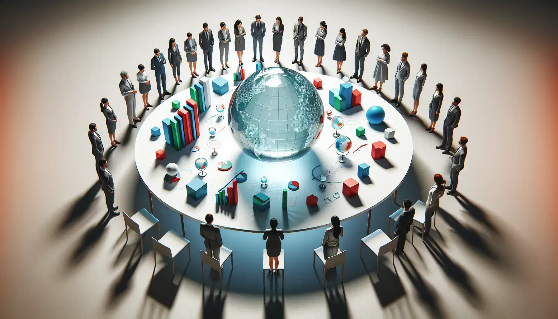 Grupo diverso de profesionales en reunión alrededor de una mesa redonda con esfera transparente central y modelos tridimensionales de gráficos y figuras geométricas, en ambiente de colaboración.