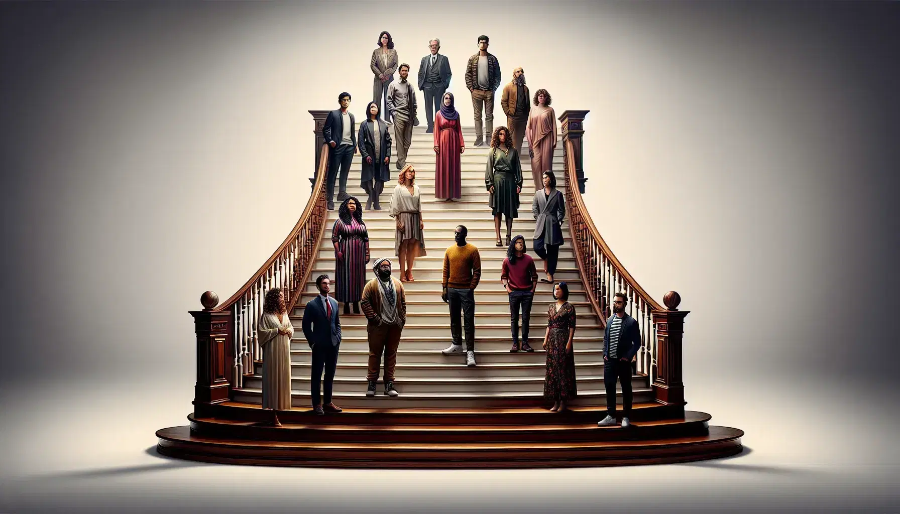 Multi-ethnic group standing on dark wooden staircase with beige balustrade, dressed in various styles, under soft light with blurred background.
