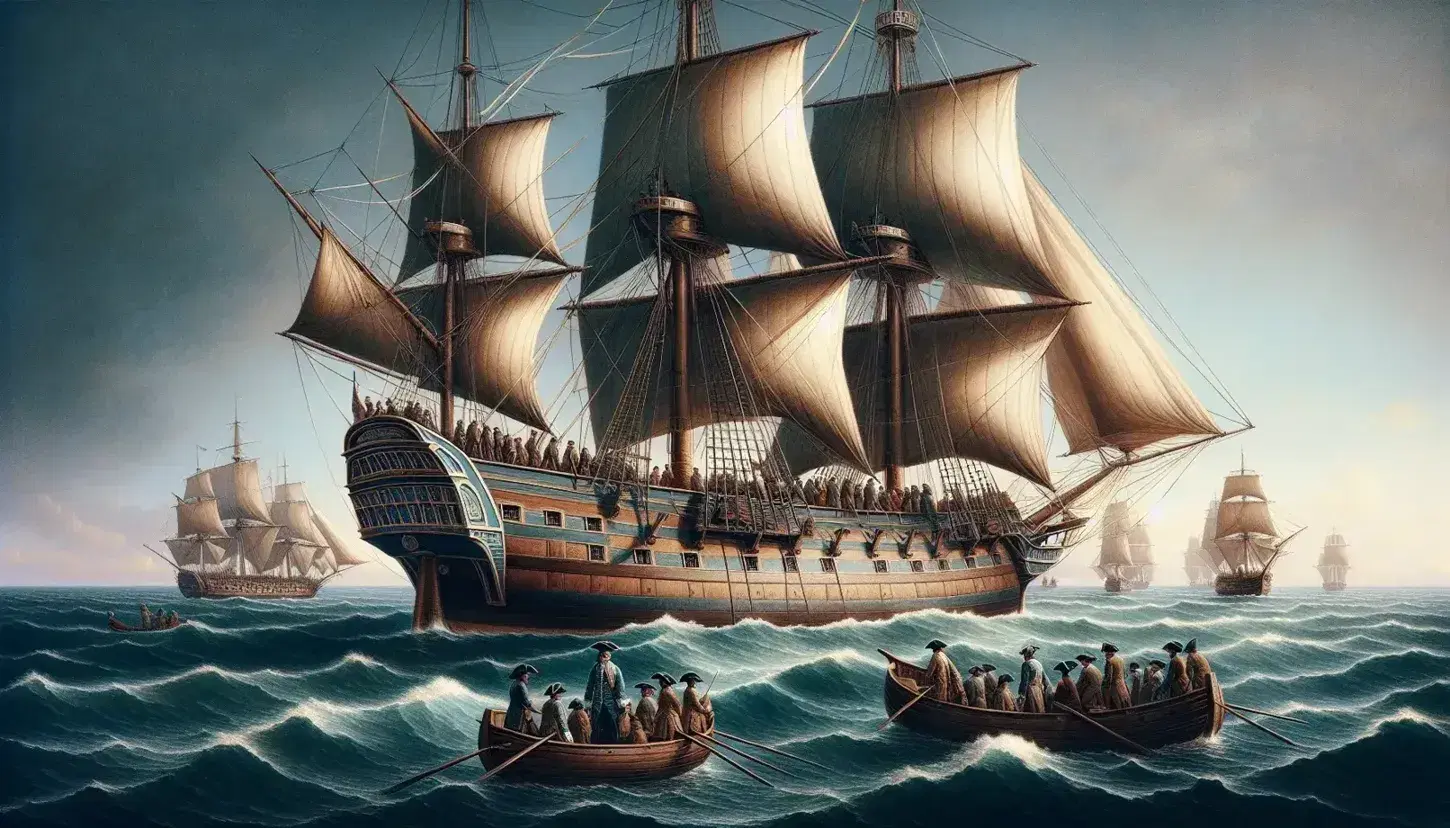 18th-century sailing ship with three masts on the open sea, with Olaudah Equiano-like figure in blue waistcoat observing deck activities.