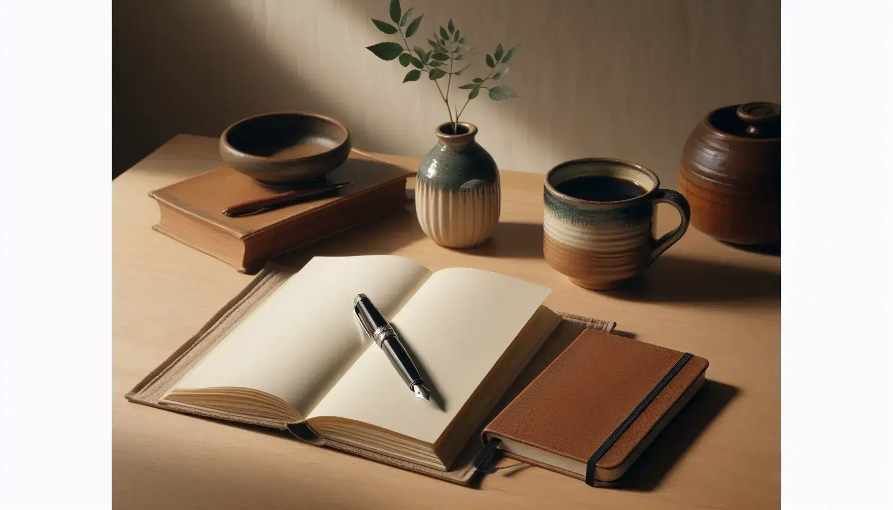 Mesa de madera clara con libro abierto, pluma estilográfica sobre cuaderno, taza de café humeante y planta verde en maceta terracota.