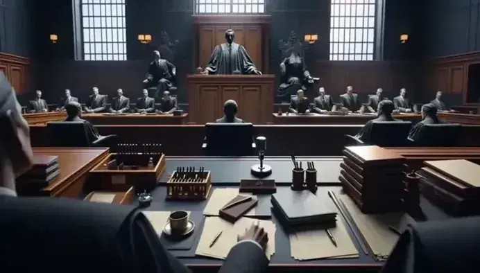 Scena di tribunale con testimone al banco, giudice in toga nera e giuria attenta, illuminata da luce naturale che filtra da una grande finestra.