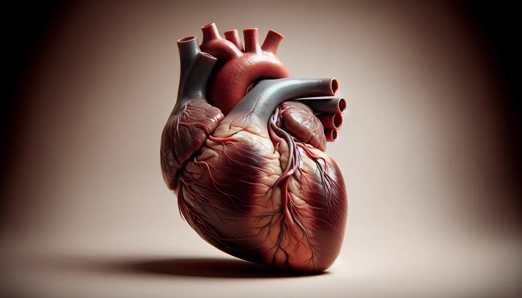 Corazón humano realista y detallado en fondo neutro mostrando cámaras, aorta, arteria pulmonar y venas con texturas y colores diferenciados.