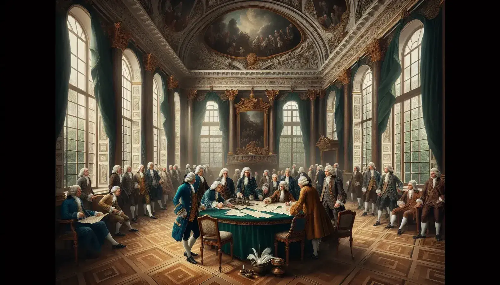 Scena storica in sala settecentesca con uomini in abiti d'epoca riuniti attorno a tavolo ovale durante intensa discussione.
