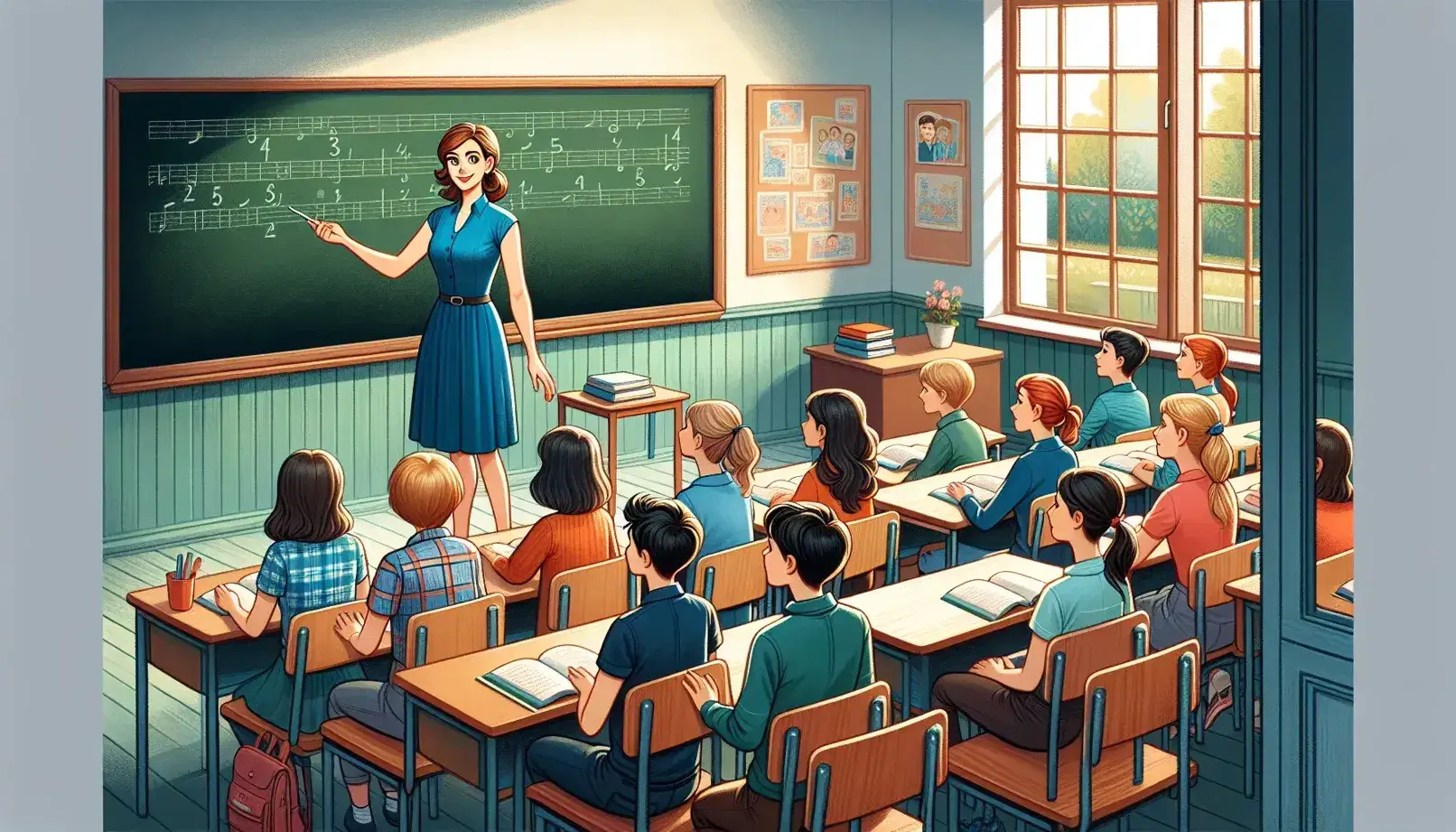 Insegnante donna spiega lezione davanti a lavagna verde in aula scolastica con studenti attenti, finestra aperta e cesto di libri colorati.