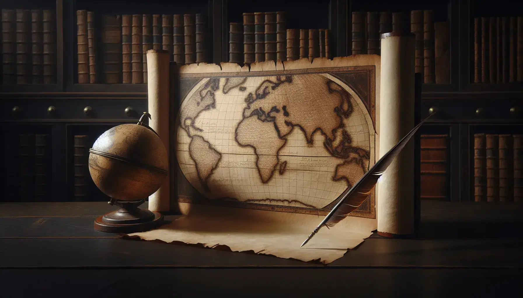 Pergamena antica su tavolo in legno scuro con penna d'oca, mappa senza etichette e globo stilizzato, sfondo di libreria con volumi rilegati.