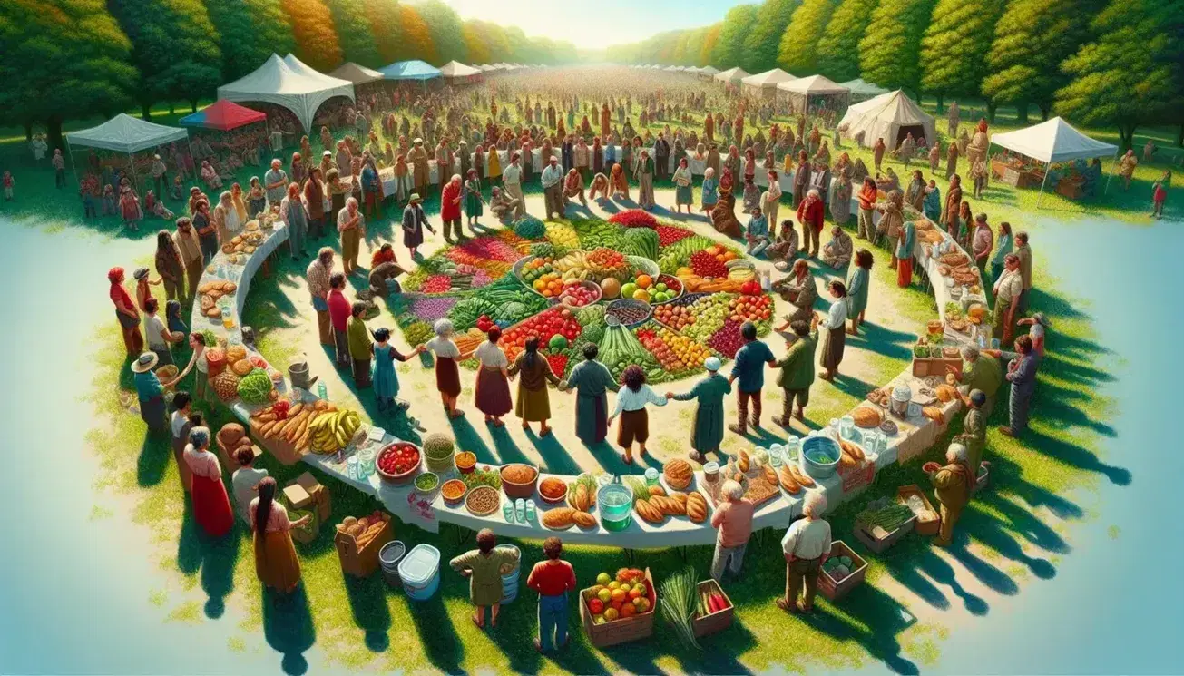 Grupo diverso de personas compartiendo comida saludable al aire libre en un día soleado, rodeados de naturaleza en un ambiente comunitario.