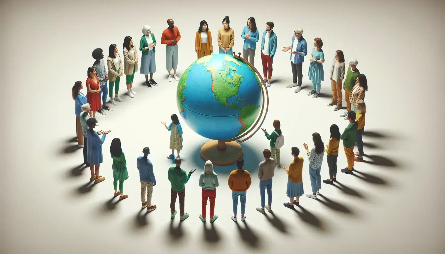 Grupo diverso de personas en semicírculo alrededor de un globo terráqueo sobre un soporte de madera, interactuando en un ambiente con iluminación suave.