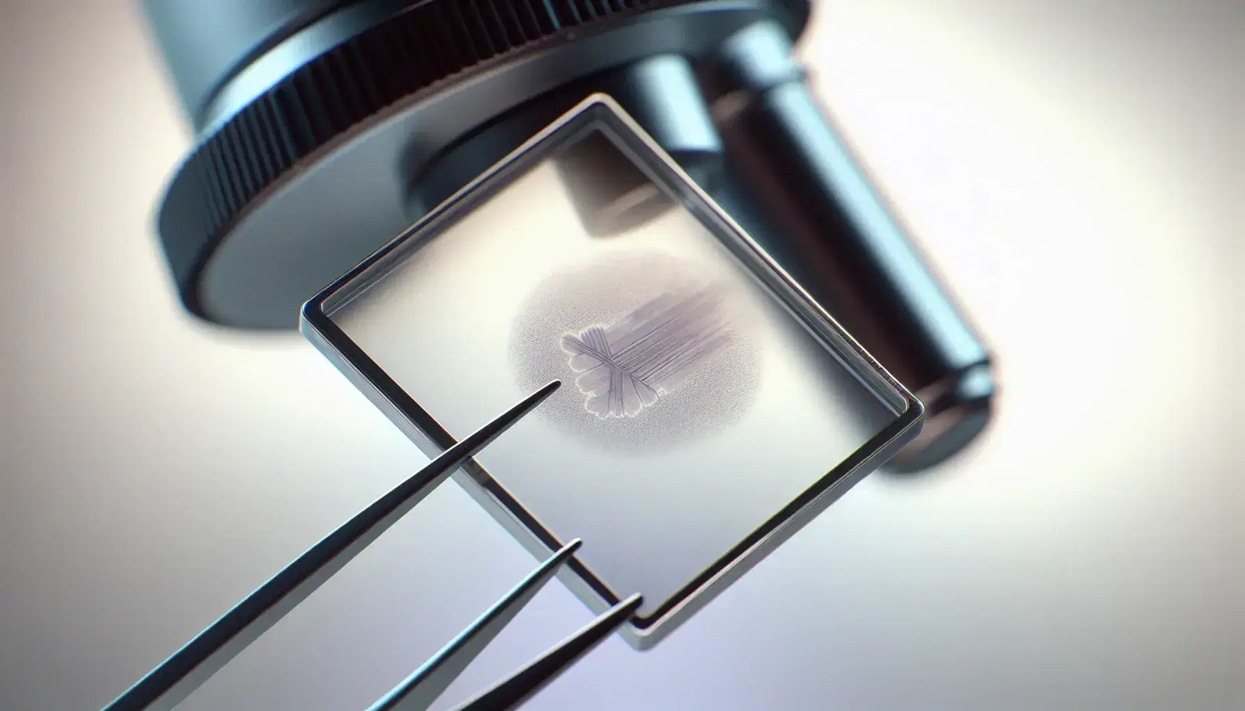 Microscope slide with stained bacterial smear held by stainless steel tweezers near a microscope's objective lens, against a soft gray background.