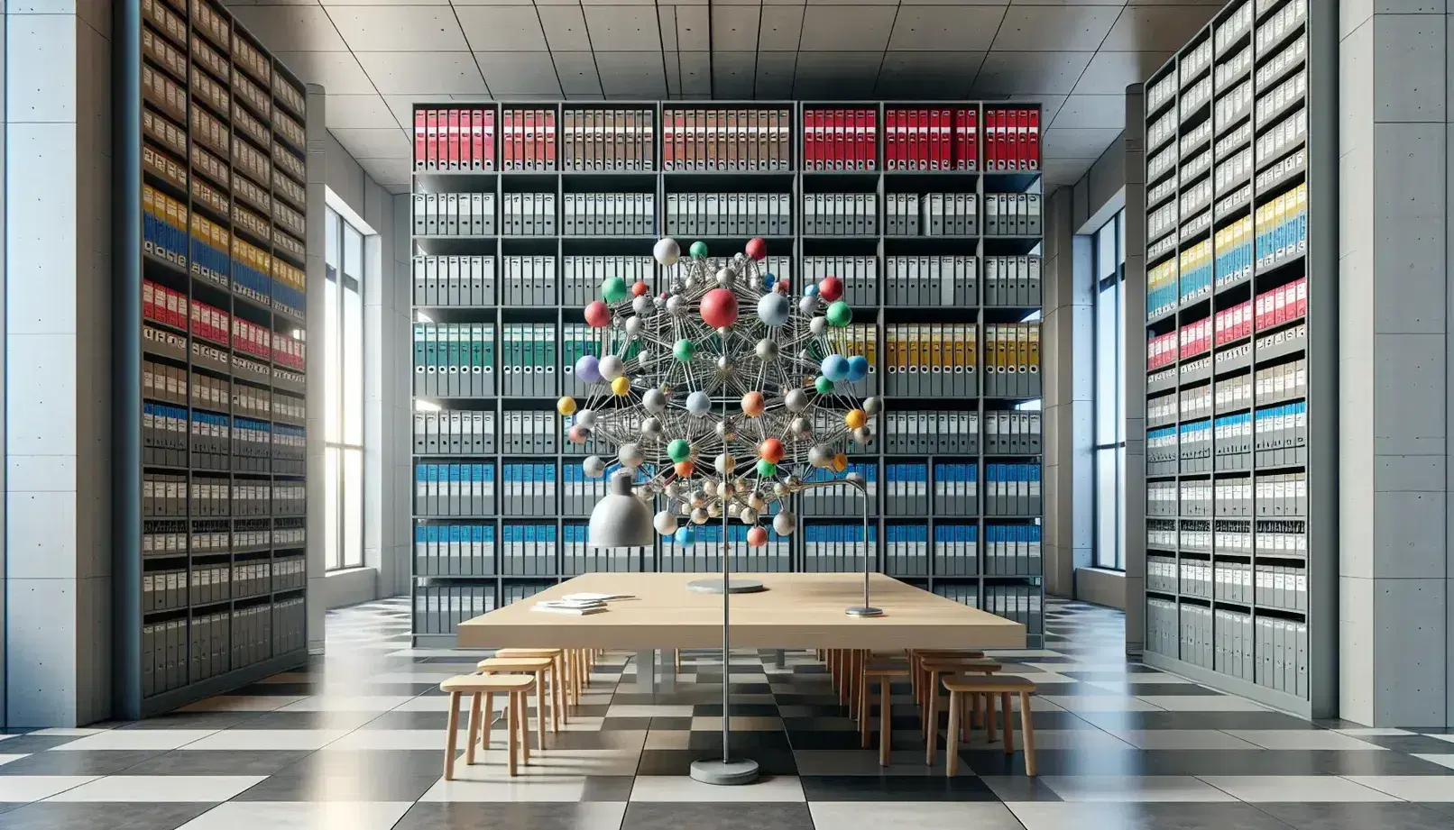 Sala amplia con estanterías metálicas grises llenas de carpetas coloridas, mesa con modelo molecular y lámpara, suelo ajedrezado y ventana con cielo azul.