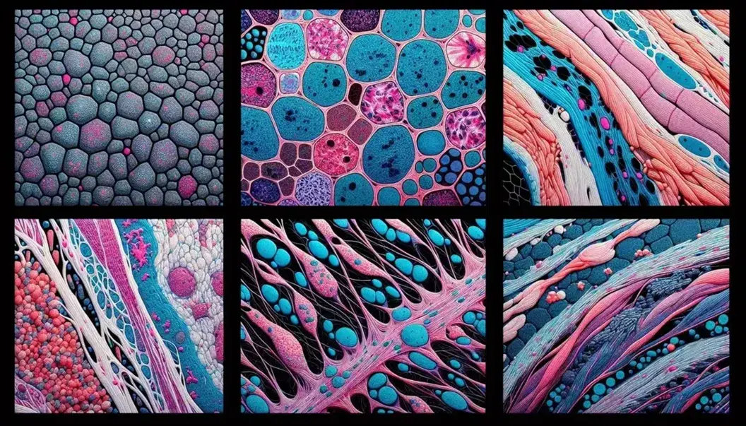 Vista microscópica de tejidos humanos: epitelial, conectivo, muscular y neural en colores detallados sobre fondo negro, mostrando la estructura celular.