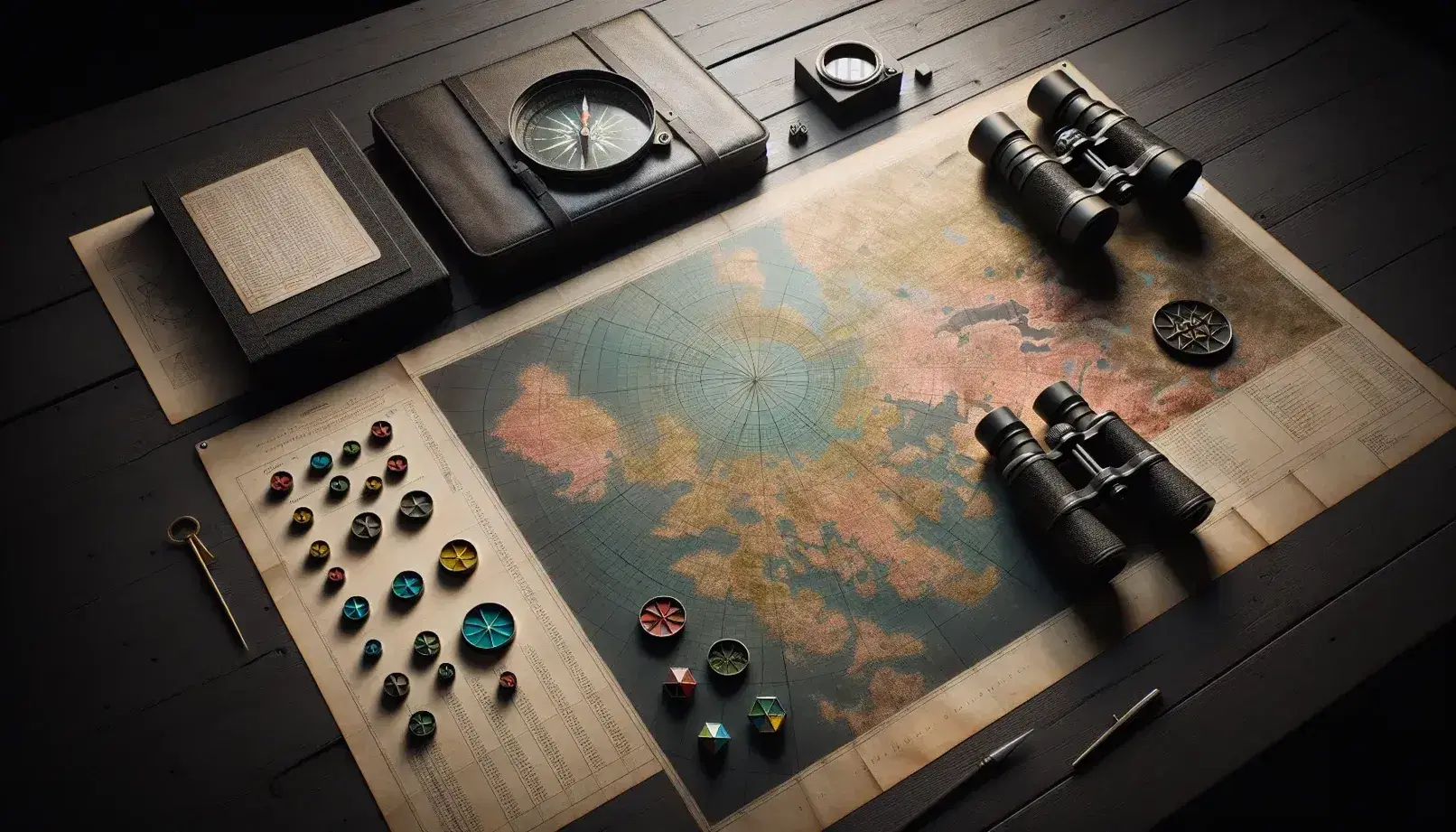 Mesa de madera oscura con mapa, figuras geométricas, binoculares, brújula, carpeta de cuero y gafas, en ambiente con iluminación suave.