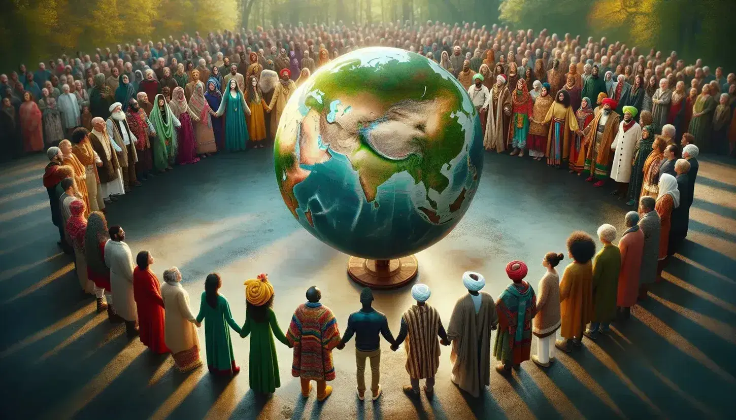 Gruppo multietnico in abiti tradizionali tiene le mani attorno a un globo terrestre, simboleggiando unità e diversità culturale all'aperto.
