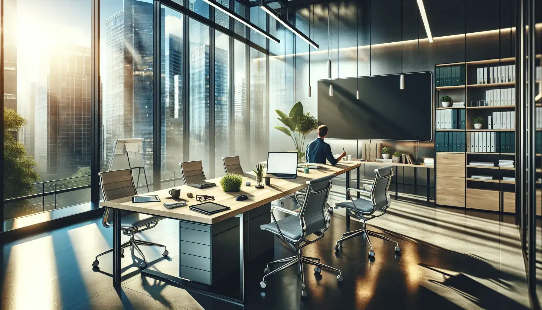 Ufficio moderno e luminoso con scrivania in legno, sedie ergonomiche, laptop, tablet e pianta verde, finestre ampie con vista sulla città.