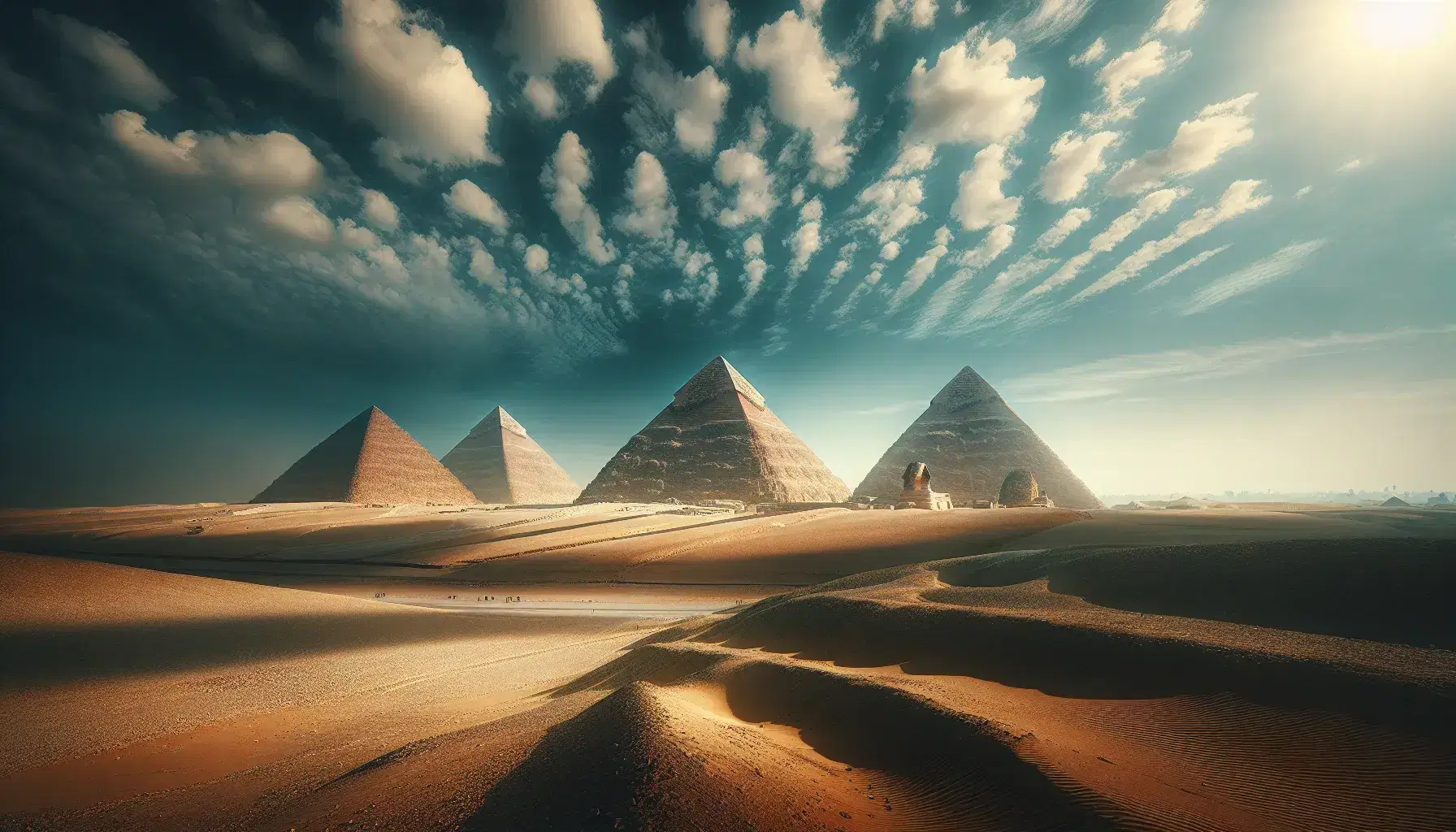 Vista frontal de las tres pirámides de Giza en orden decreciente bajo cielo azul con nubes dispersas, esfinge parcialmente visible y sombras marcadas en la arena.