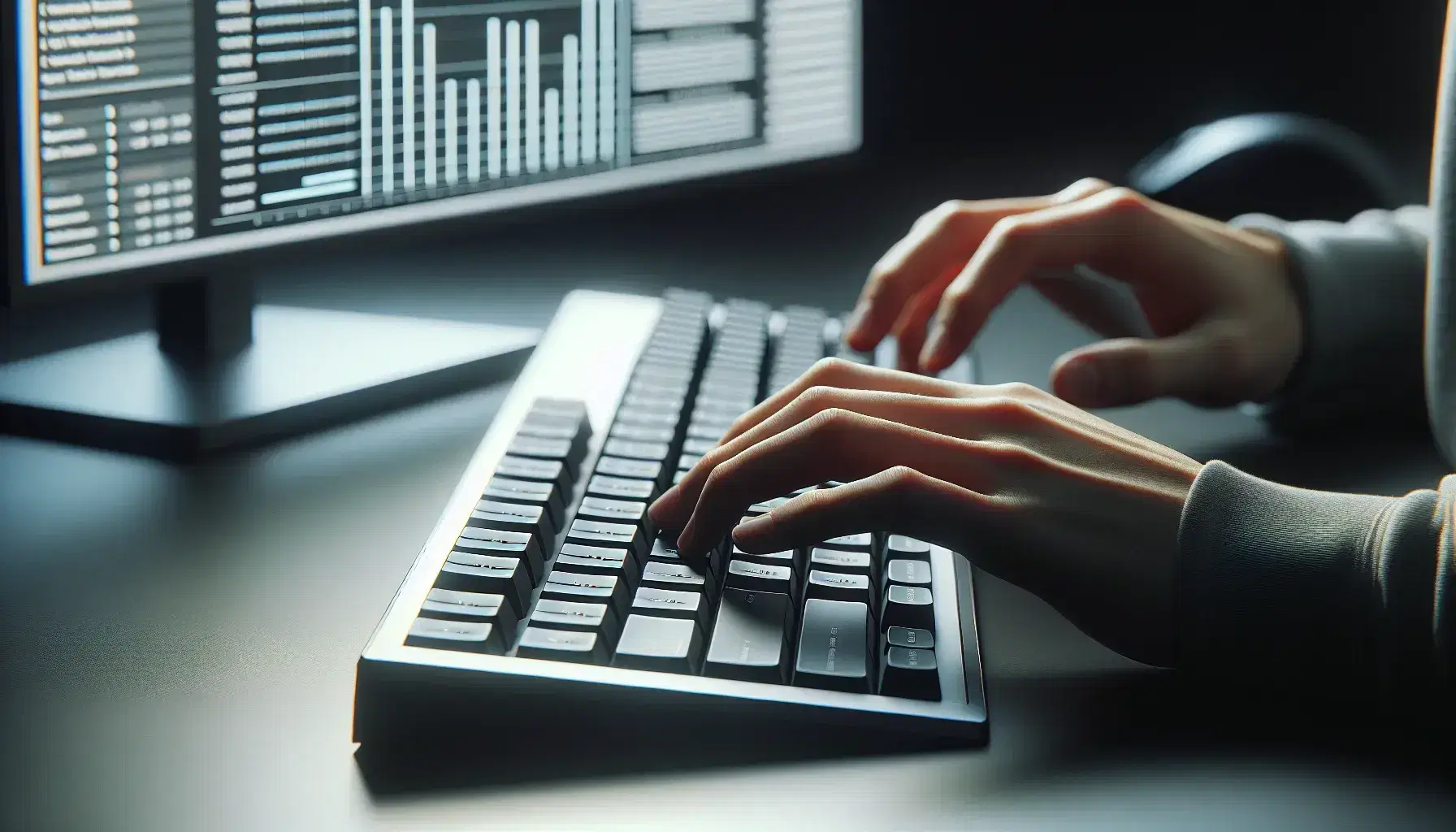 Close-up view of hands on a sleek keyboard with fingers on home row keys, blurred charts on a monitor in the background, in a well-lit workspace.