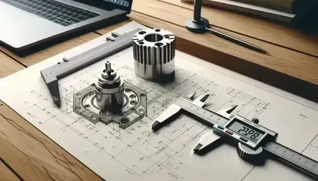 Tavolo da lavoro con disegno tecnico meccanico, calibro vernier e cilindro metallico, sfondo con laptop e software CAD.