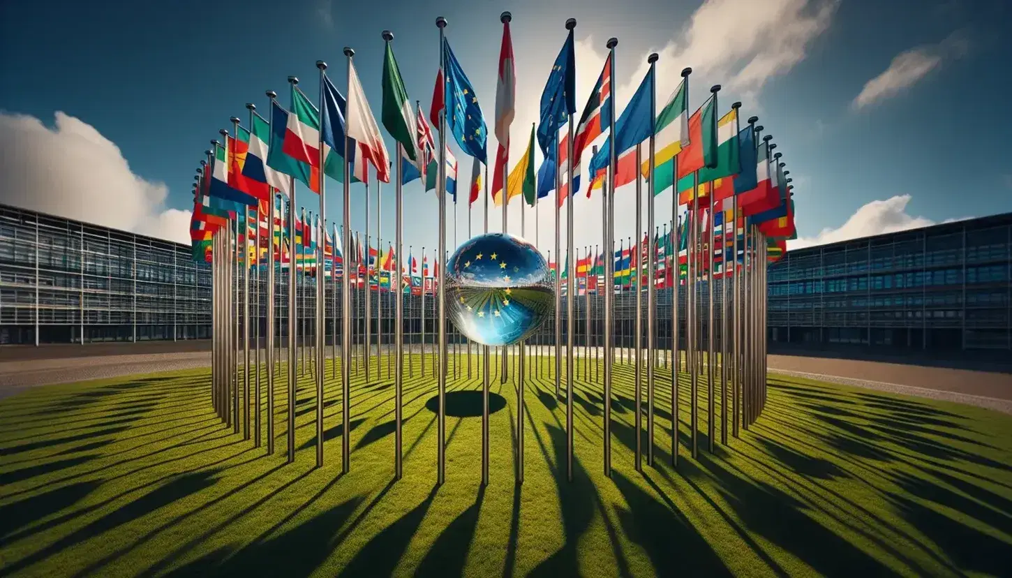 Bandiere degli stati membri dell'Unione Europea disposte in cerchio su prato verde con sfera di vetro centrale che riflette cielo azzurro.