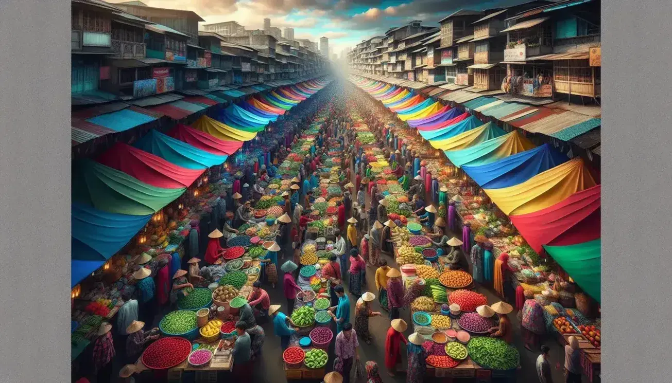 Mercato all'aperto asiatico con bancarelle colorate, frutta fresca, persone che fanno acquisti e bambini che giocano.