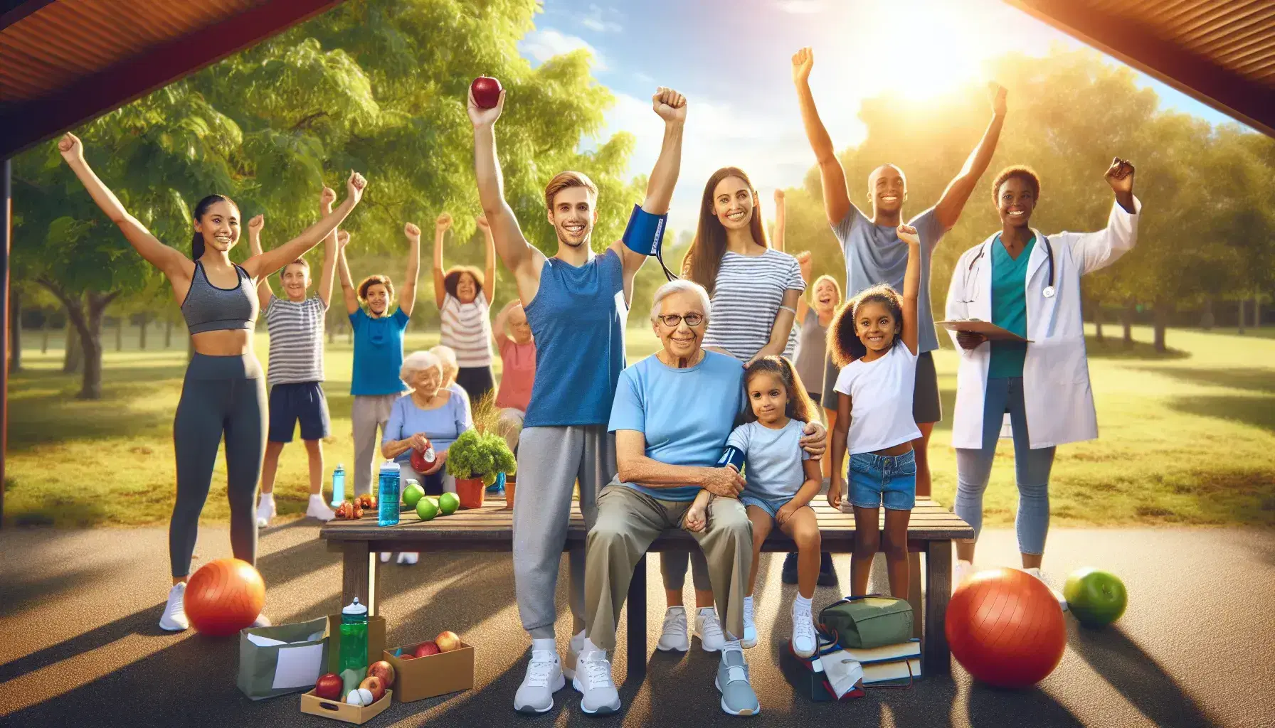 Grupo diverso disfrutando de actividades saludables al aire libre en un parque, con ejercicio, juego y chequeo médico en un día soleado.