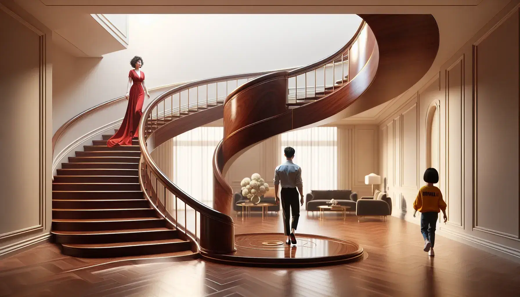 Elegant spiraling wooden staircase with a dark finish and glossy handrail, surrounded by cream walls, with a woman in red, a man in blue, and a child in yellow descending.