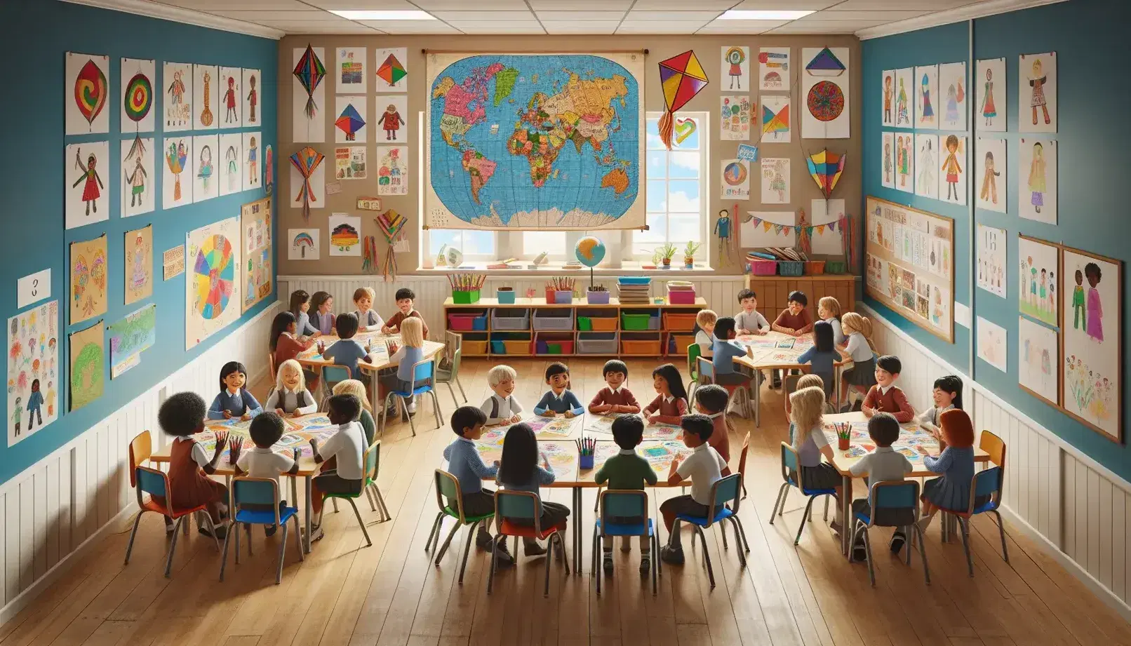 Niños de diversas etnias sonriendo y participando en actividad grupal en aula escolar con mapamundi y dibujos culturales en la pared, bajo luz natural.