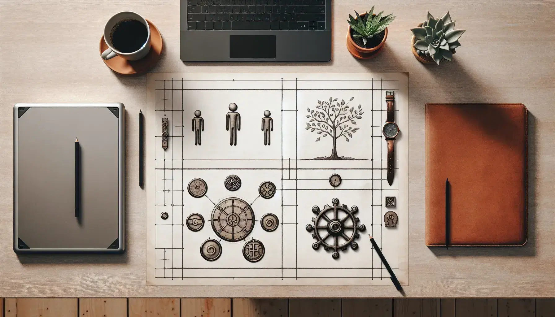 Scrivania in legno chiaro con foglio diviso in quadranti, pianta, orologio, ingranaggio, figure umane in legno, tavoletta grafica, laptop e tazza di caffè.