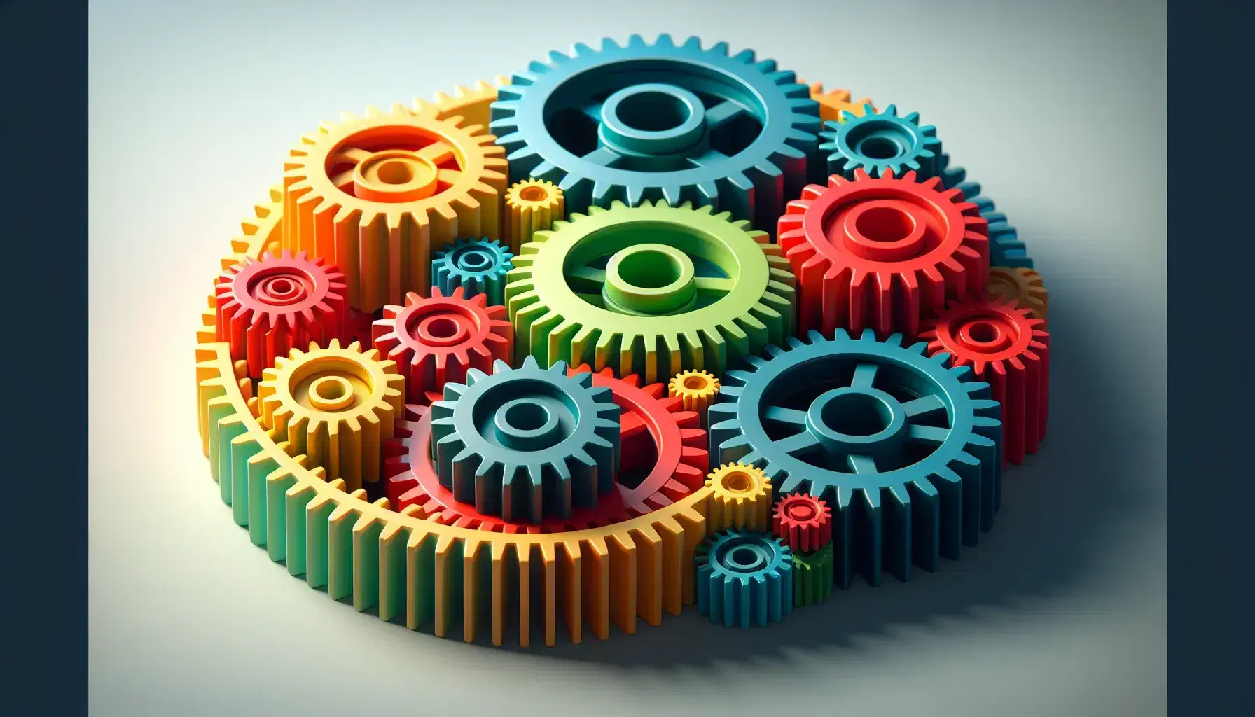 Colorful interlocking gears with a central red gear surrounded by yellow, blue, green, and orange gears on a light gray background, depicting teamwork or collaboration.